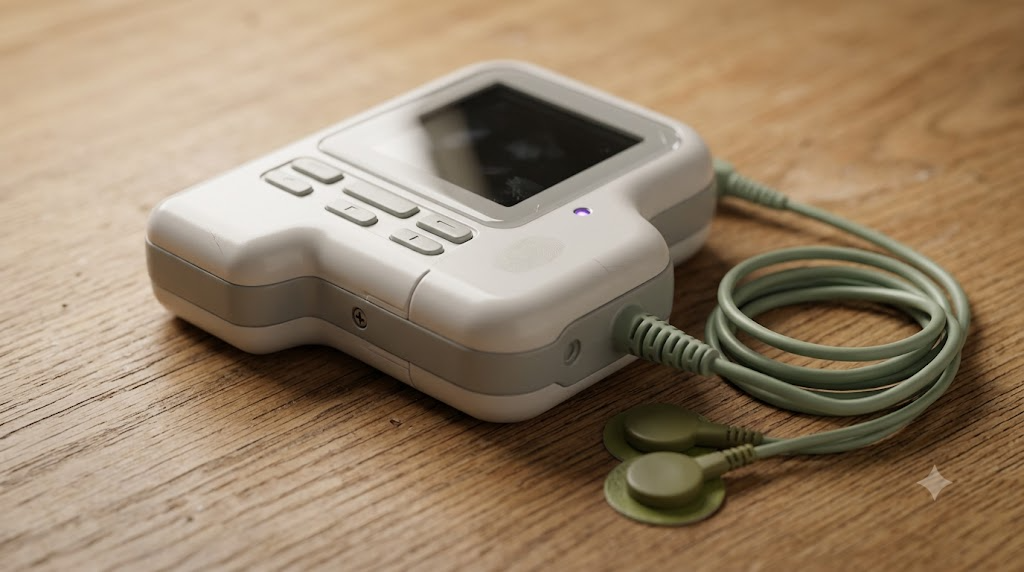 An unbranded handheld stimulator with a dark screen and two electrode pads on an oak surface.