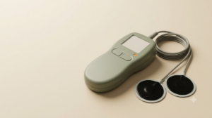 A product photograph of a small unbranded handheld nerve stimulator with two round electrode pads and coiled leads.