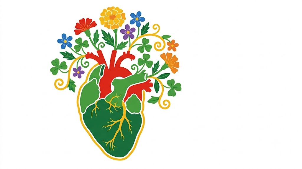 A flat vector folk-art illustration of a human heart with a nerve branching down towards it, framed by leaves and flowers.