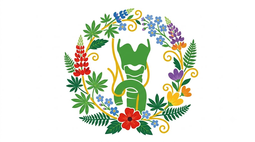 A flat folk-art vector illustration of a recurrent laryngeal nerve looping around the windpipe, encircled by a wreath of stylised flowers on white.