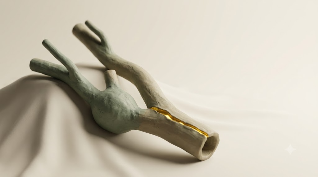 A sculpted matte clay carotid artery and carotid sinus, marked by one bright golden light element.