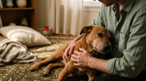 Hands slowly stroking the chest of a dog lying on a worn rug in warm morning light.