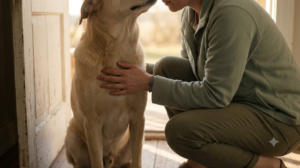 A person kneeling and resting a hand on a dogs chest in soft natural light.