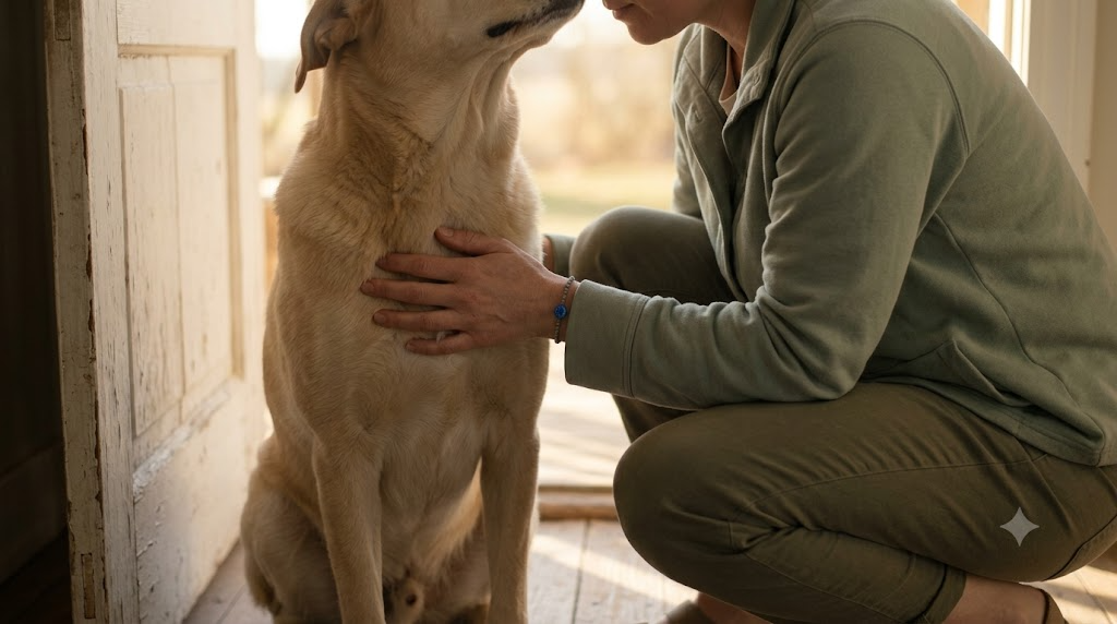 A person kneeling and resting a hand on a dogs chest in soft natural light.