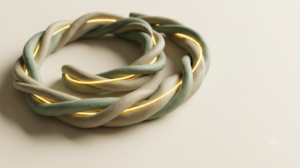 A soft matte clay sculpture of paired nerve cords resting in a loose spiral, seen from a three quarter view, with a single bright golden thread tracing through the form.