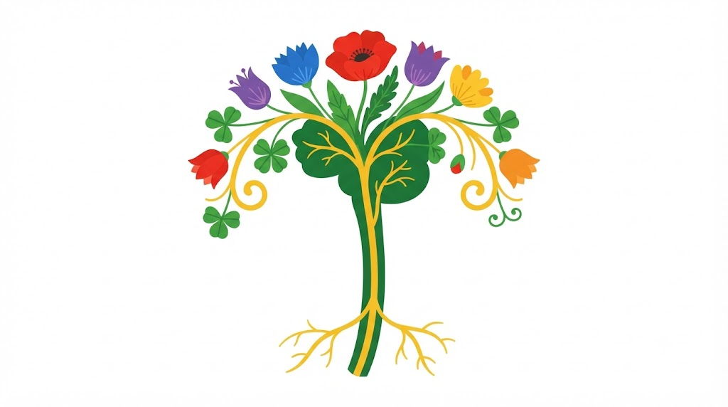 A flat vector folk-art illustration of the human vagus nerve running from the brainstem down through the neck, framed by stylised flowers and leaves.