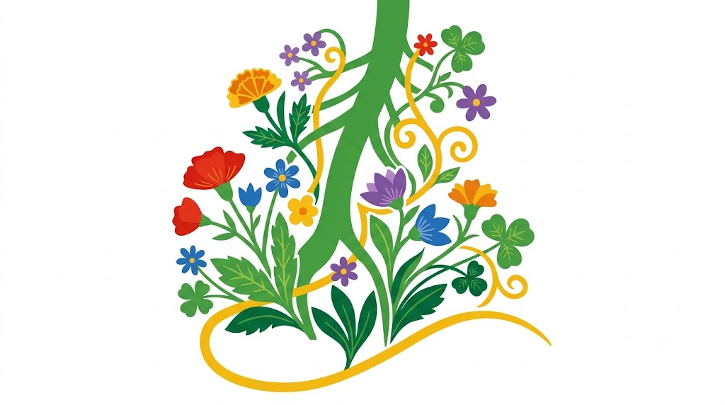 A flat folk-art vector illustration of a vagus nerve with marigolds and clover climbing up around it.