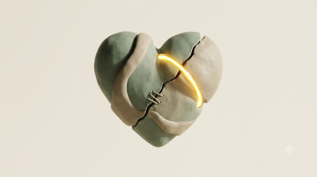 A soft matte clay render of a heart as a cracked form mended with one visible seam, lit by a single bright golden light element.