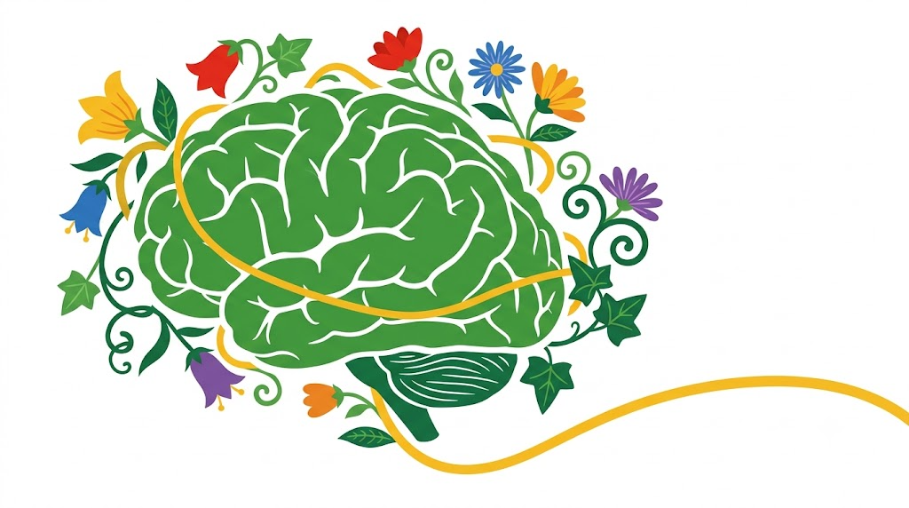 A flat vector illustration of a human brain encircled by folk-art vines and flowers on white.