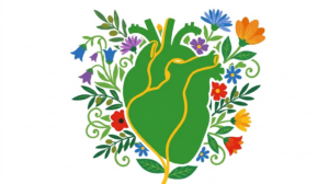 A flat folk-art vector illustration of a solid heart silhouette with a bellflower and aster garden behind it.