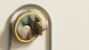 A sculpted matte clay dog lying curled up beneath a simple arch, seen from above, with a bright golden line tracing its full length.