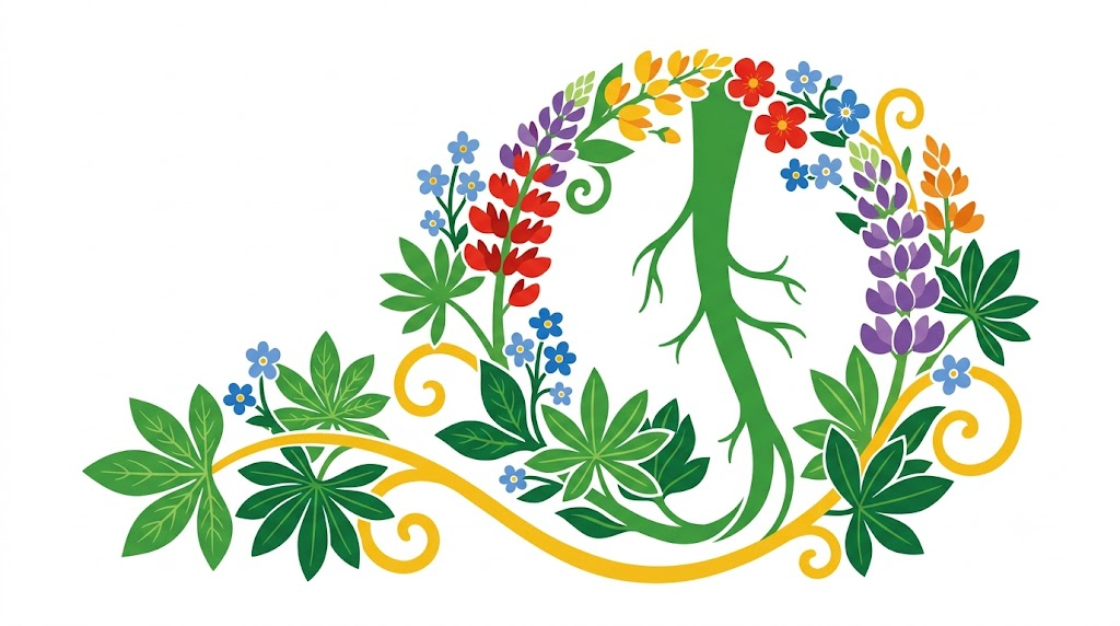 A flat vector folk-art illustration of a human vagus nerve with stylised flowers and leaves on a white background.
