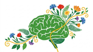 A flat folk-art vector illustration of a human brain among stylised flowers and curling vines on a white background.
