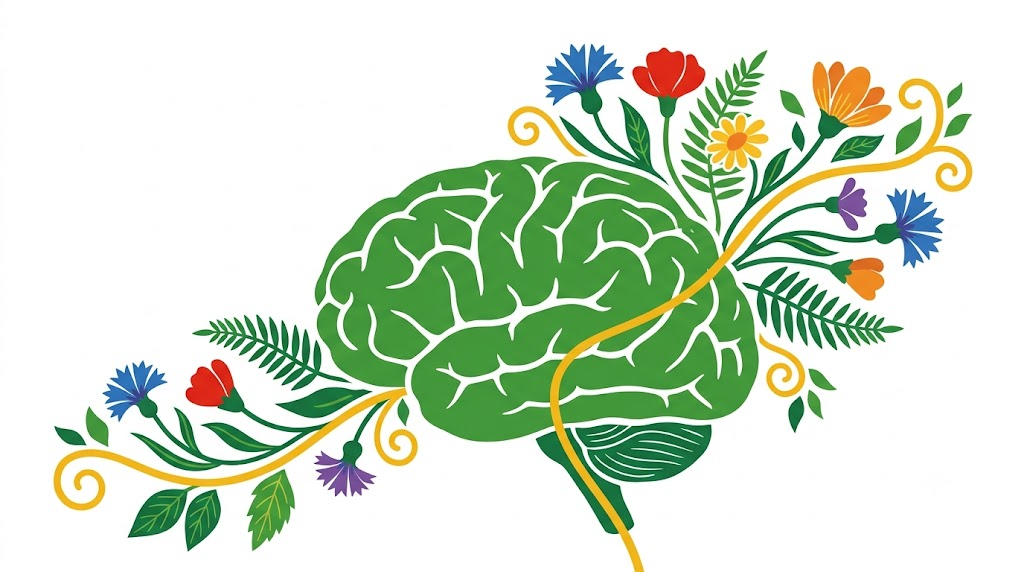 A flat folk-art vector illustration of a human brain among stylised flowers and curling vines on a white background.
