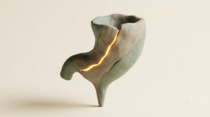 A soft matte clay render of a human stomach shaped as a funnel narrowing to a fine point, with a single bright golden light element.