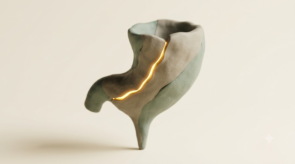 A soft matte clay render of a human stomach shaped as a funnel narrowing to a fine point, with a single bright golden light element.