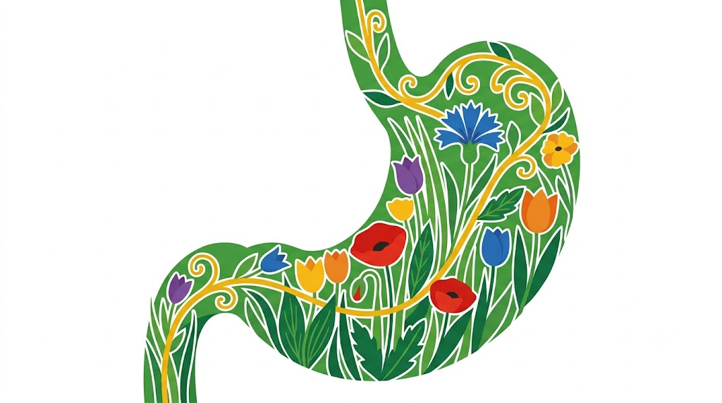 A flat vector folk-art illustration of a human stomach on a white background.