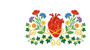 A flat folk-art vector illustration of a human heart between mirrored sprays of cornflowers, daisies and ivy on a white background.