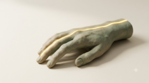 A sculpted matte clay human hand held out and trembling, marked by one bright golden light element.