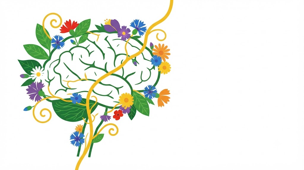 Flat vector illustration of a human brain and brainstem with small clusters of stylised cornflowers and daisies tucked along the outline.