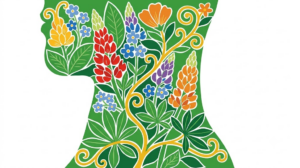 A flat vector folk-art illustration of a human throat surrounded by stylised flowers and a golden vine on a white background.