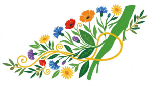 A flat folk-art vector illustration of a vagus nerve on a diagonal with cornflowers, daisies and olive sprigs.