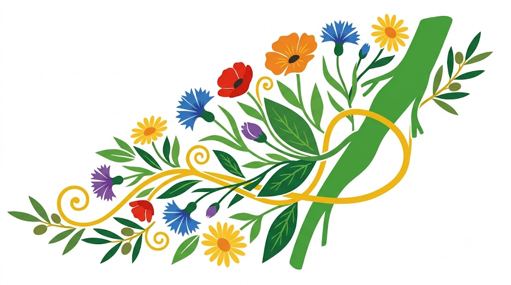 A flat folk-art vector illustration of a vagus nerve on a diagonal with cornflowers, daisies and olive sprigs.