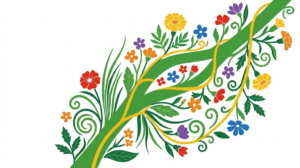 A flat folk-art vector illustration of a branching nerve pathway with stylised flowers, leaves and a golden vine on a white background.