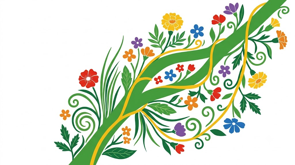 A flat folk-art vector illustration of a branching nerve pathway with stylised flowers, leaves and a golden vine on a white background.