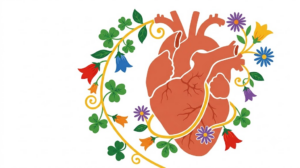 A flat folk-art vector illustration of a human heart among stylised flowers and curling vines on a white background.