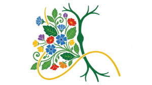 A flat folk-art vector illustration of a vagus nerve with a small swelling along it, decorated with stylised flowers on white.