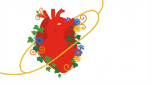 Flat vector illustration of a human heart with small clusters of stylised cornflowers, daisies and trailing ivy tucked along its outline.