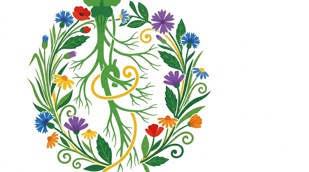 A flat folk-art vector illustration of a branching vagus nerve surrounded by stylised flowers, leaves and golden vine scrollwork on a white background.