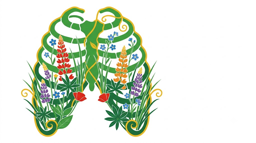 A flat vector folk-art illustration of a human ribcage on a white background.