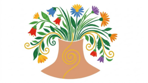 A flat folk-art vector illustration of a human neck with bellflowers and grasses arching over it.
