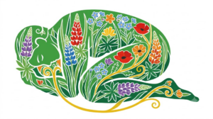 Flat vector illustration of a person curled on their side surrounded by folk-art blooms and foliage.