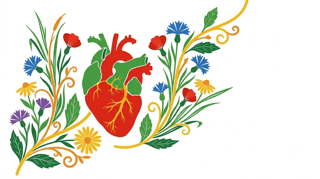 A flat folk-art vector illustration of a human heart framed by stylised flowers and curling vines on white.