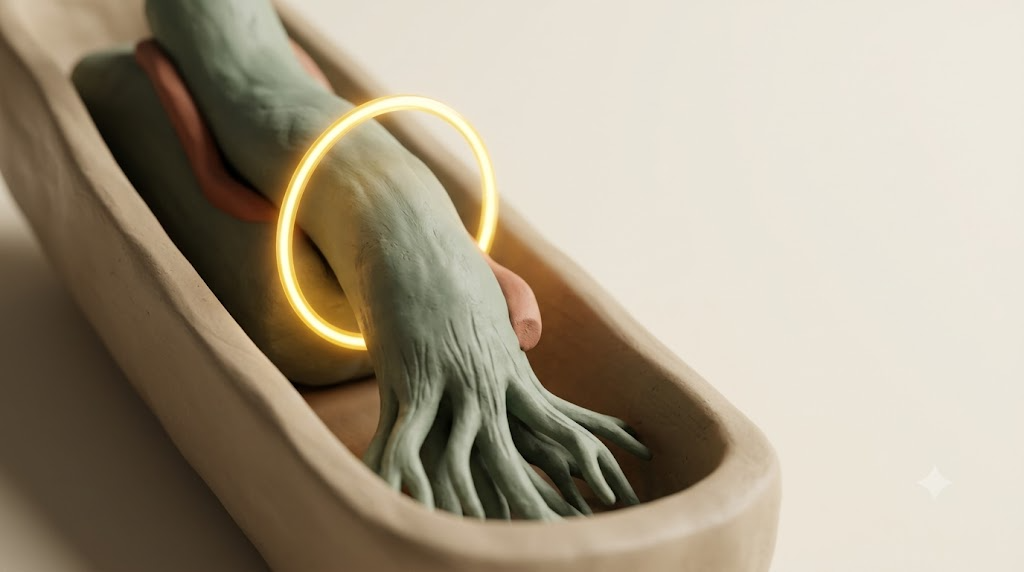 A sculpted matte clay inflamed nerve cord, marked by one bright golden light element.