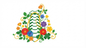 Flat vector illustration of a human cervical spine with stylised wild roses, buttercups and clover leaves climbing up around it.