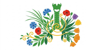 A flat folk-art vector illustration of a human windpipe with a spray of poppies, tulips and grasses to one side.