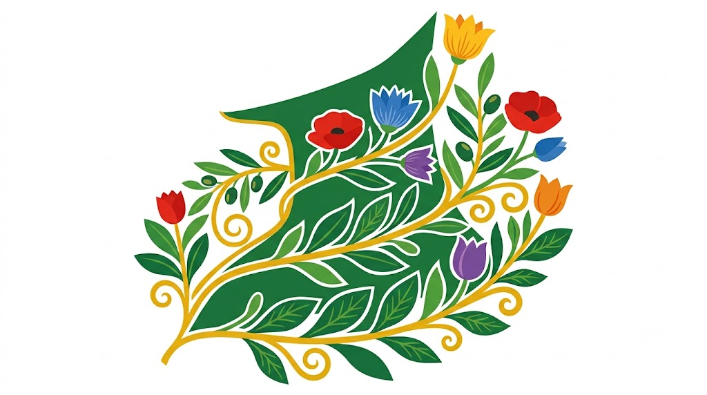 A flat folk-art vector illustration of a human neck in profile among stylised flowers and curling vines on a white background.