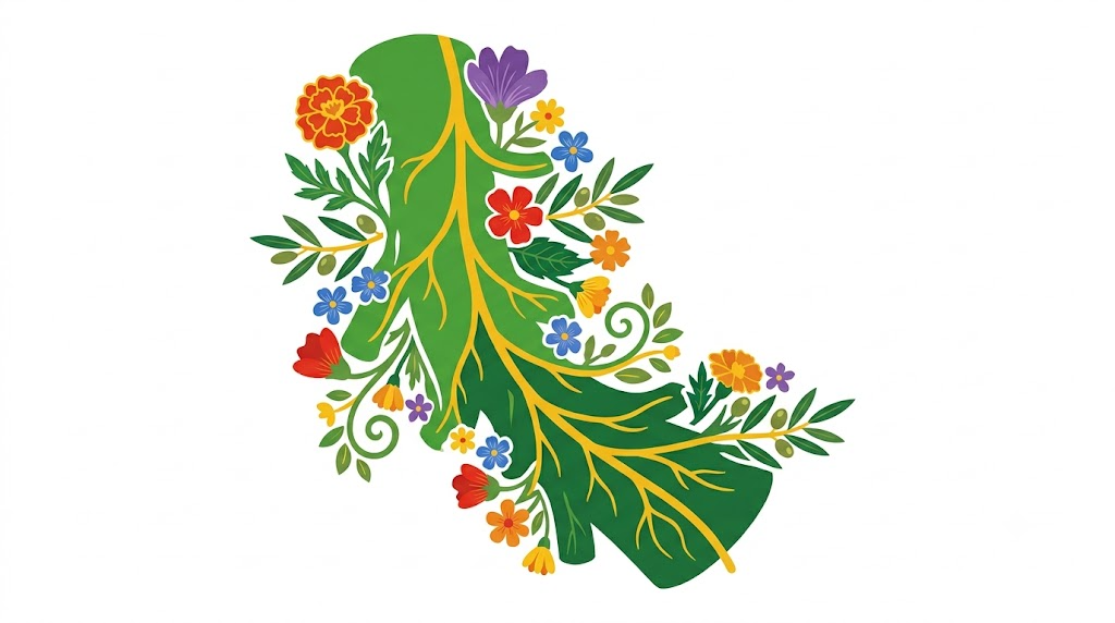 A flat folk-art vector illustration of a branching vagus nerve with marigolds and olive sprigs along its outline.