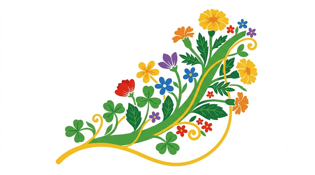 A flat folk-art vector illustration of the vagus nerve with marigolds, blossoms and clover climbing around it.