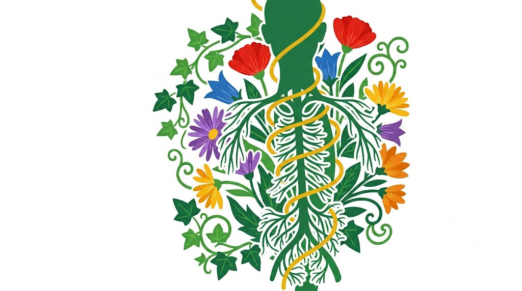 A flat folk-art vector illustration of the human vagus nerve framed by stylised flowers and curling vines on white.