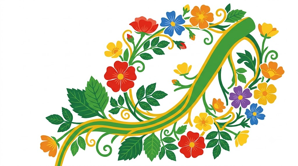 A flat folk-art vector illustration of the human vagus nerve encircled by a wreath of stylised wild roses and leaves.