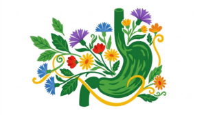 A flat folk-art vector illustration of a human oesophagus with a spray of cornflowers, daisies and leaves to one side.