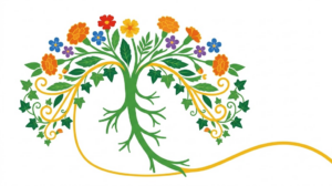 Flat vector folk-art illustration of a branching human vagus nerve with stylised flowers and a golden vine on a white background.