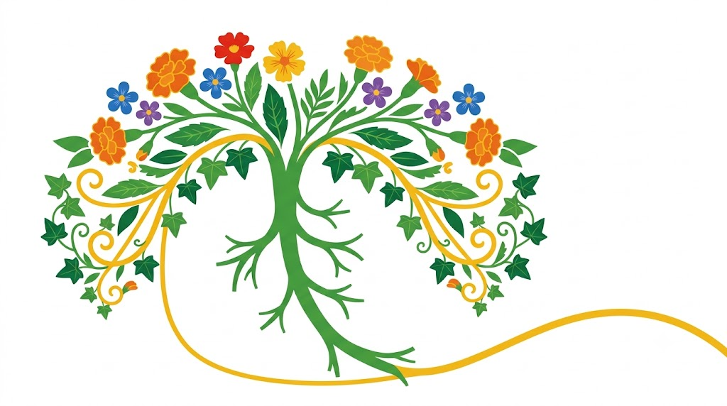 Flat vector folk-art illustration of a branching human vagus nerve with stylised flowers and a golden vine on a white background.