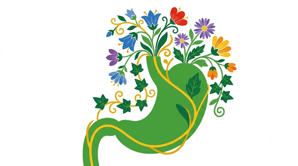 Flat vector illustration of a human stomach surrounded by folk-art flowers and trailing vines.