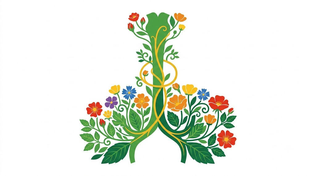 Flat vector folk-art illustration of a branching human vagus nerve with stylised flowers and leaves on a white background.